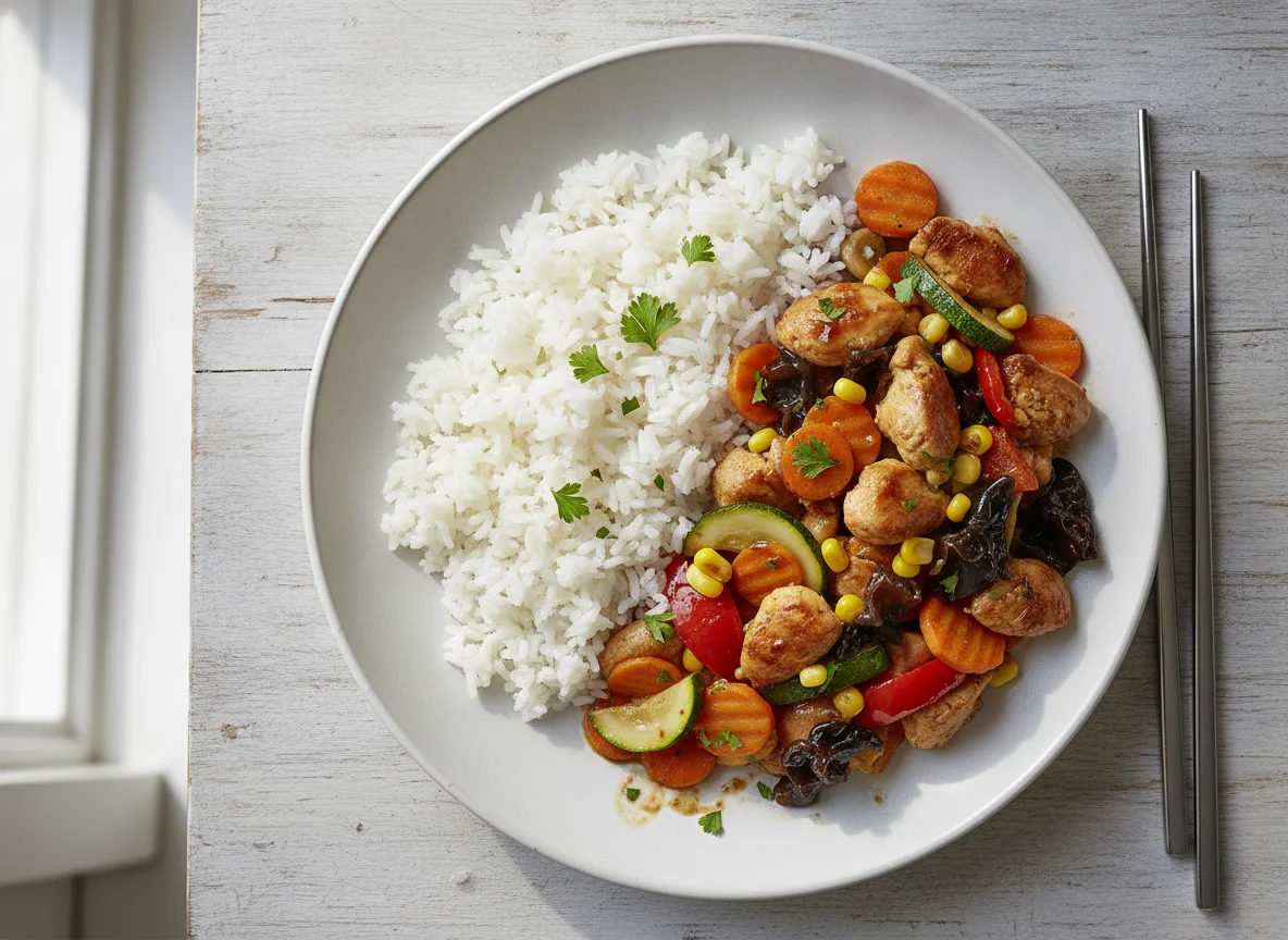 Poulet-Gemüse-Pfanne mit Reis photo
