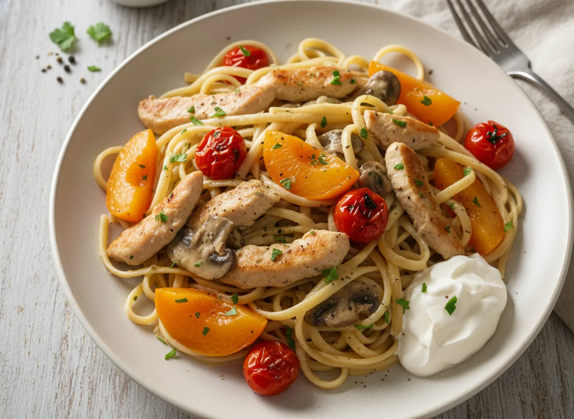 Pouletgeschnetzeltes mit Nudeln und Pfirsich photo