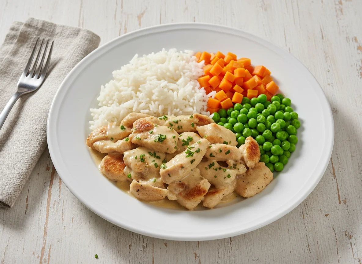 Pouletgeschnetzeltes mit Reis und Gemüse photo