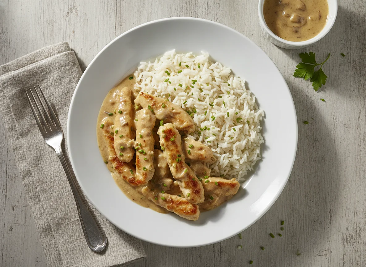 Pouletgeschnetzeltes mit Reis und Rahmsauce photo