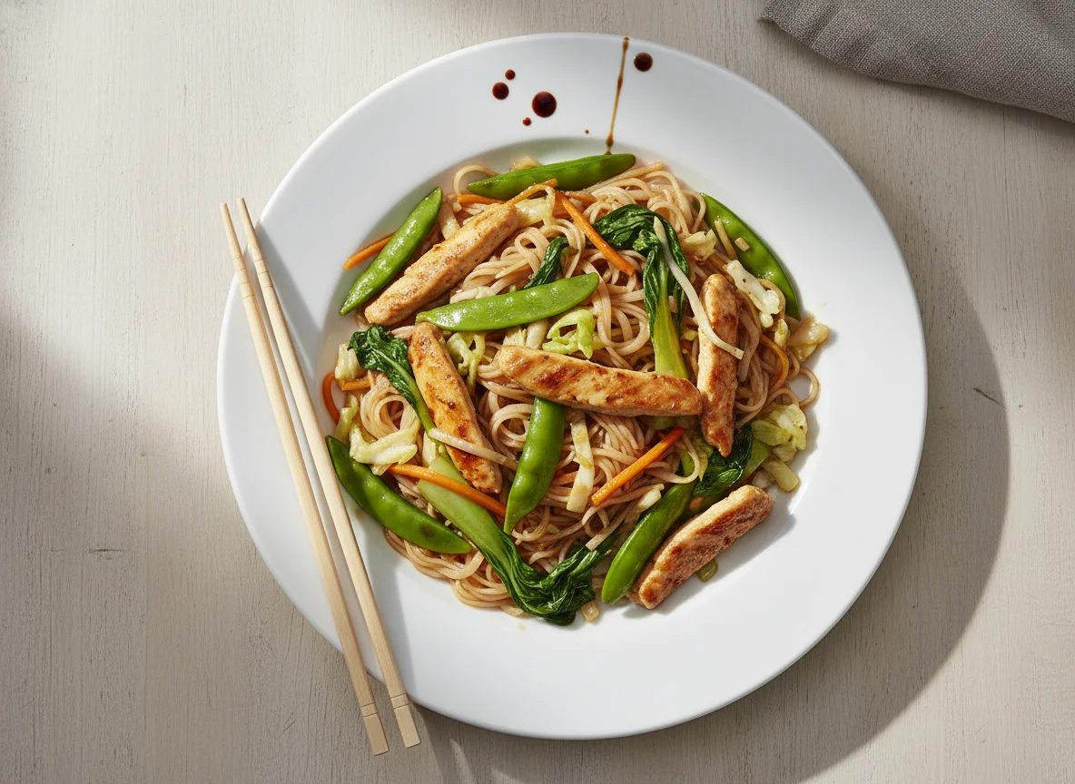 Poulet-Nudelpfanne mit Gemüse photo