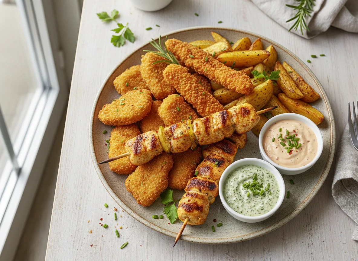 Poulet-Nuggets, Chicken-Strips und Kartoffelspalten mit Dip photo