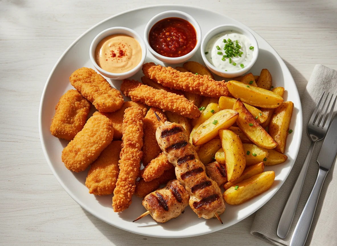 Poulet-Nuggets, Poulet-Strips und Kartoffelspalten mit Saucen photo
