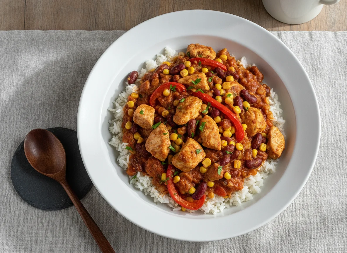 Poulet-Reis-Pfanne mit Bohnen und Gemüse photo