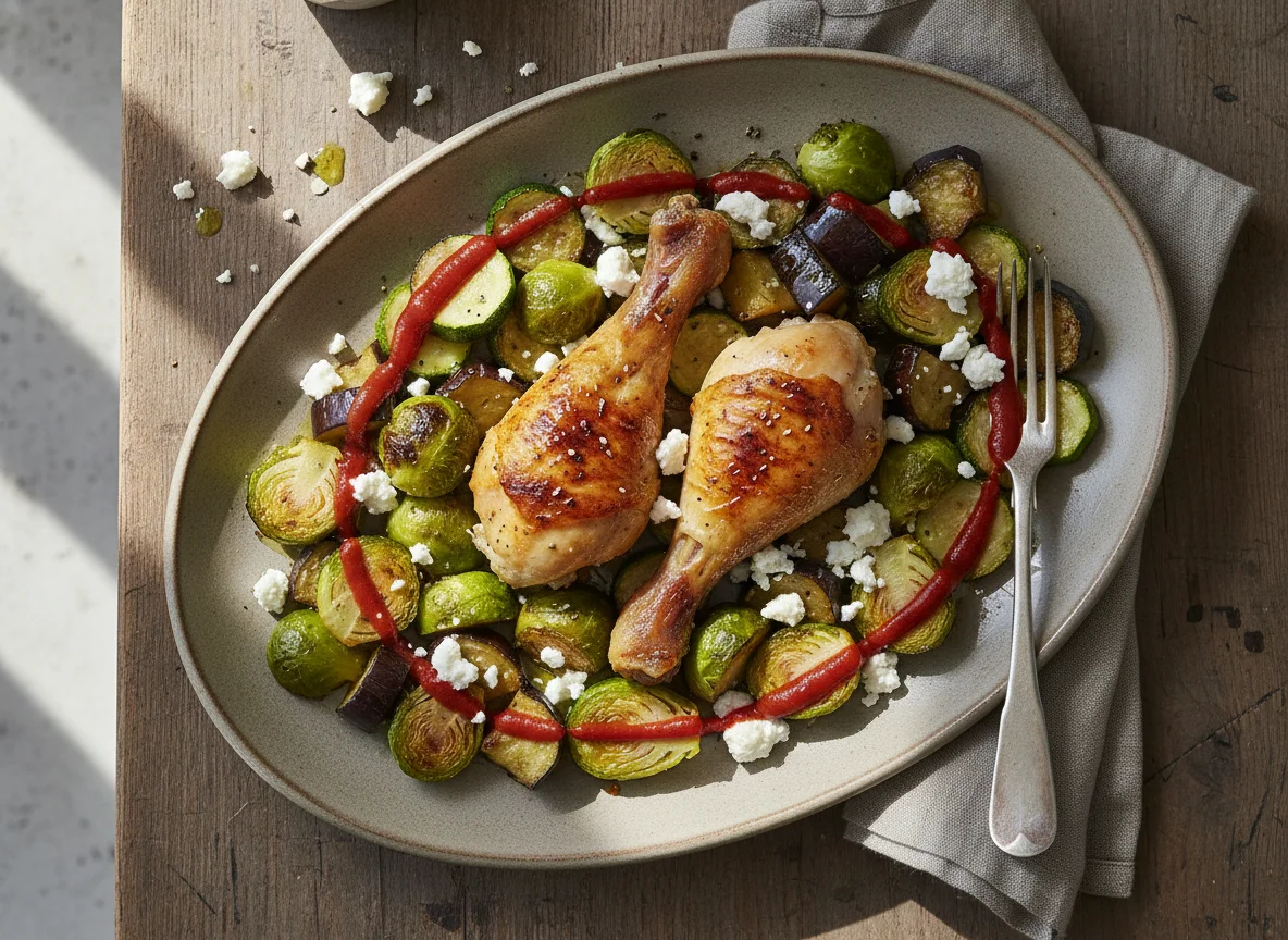 Pouletschenkel mit Rosenkohl und Gemüse photo