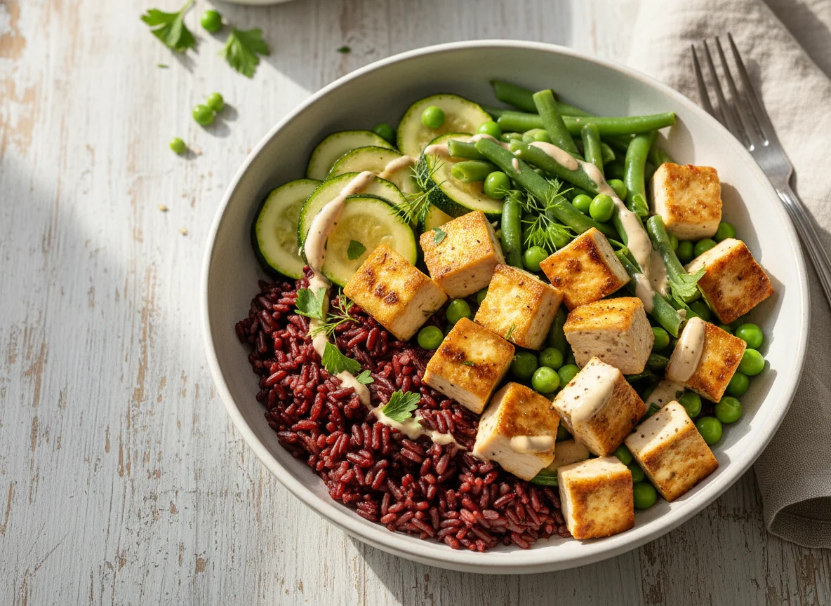 Poulet-Tofu-Reis-Bowl mit Gemüse photo