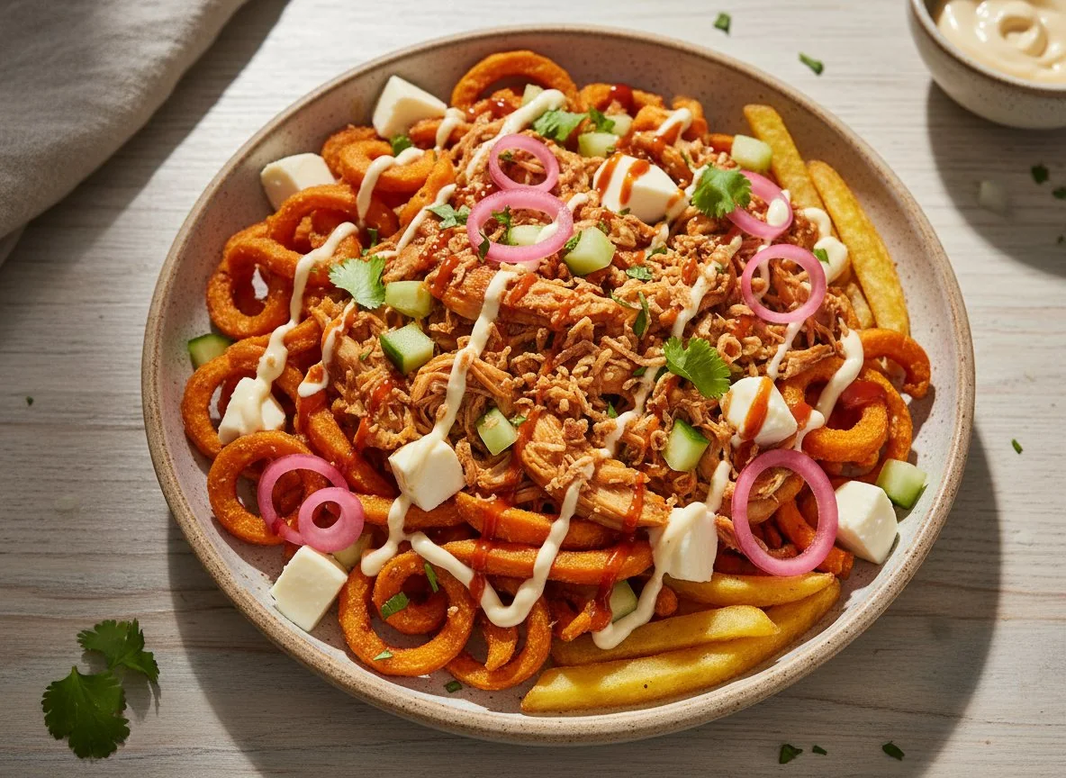 Poutine mit Süßkartoffel- und normalen Pommes, Pulled Chicken und Toppings photo