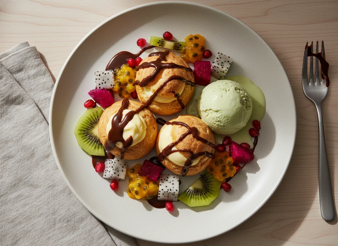 Profiterole mit Eis und Fruchtgarnitur photo