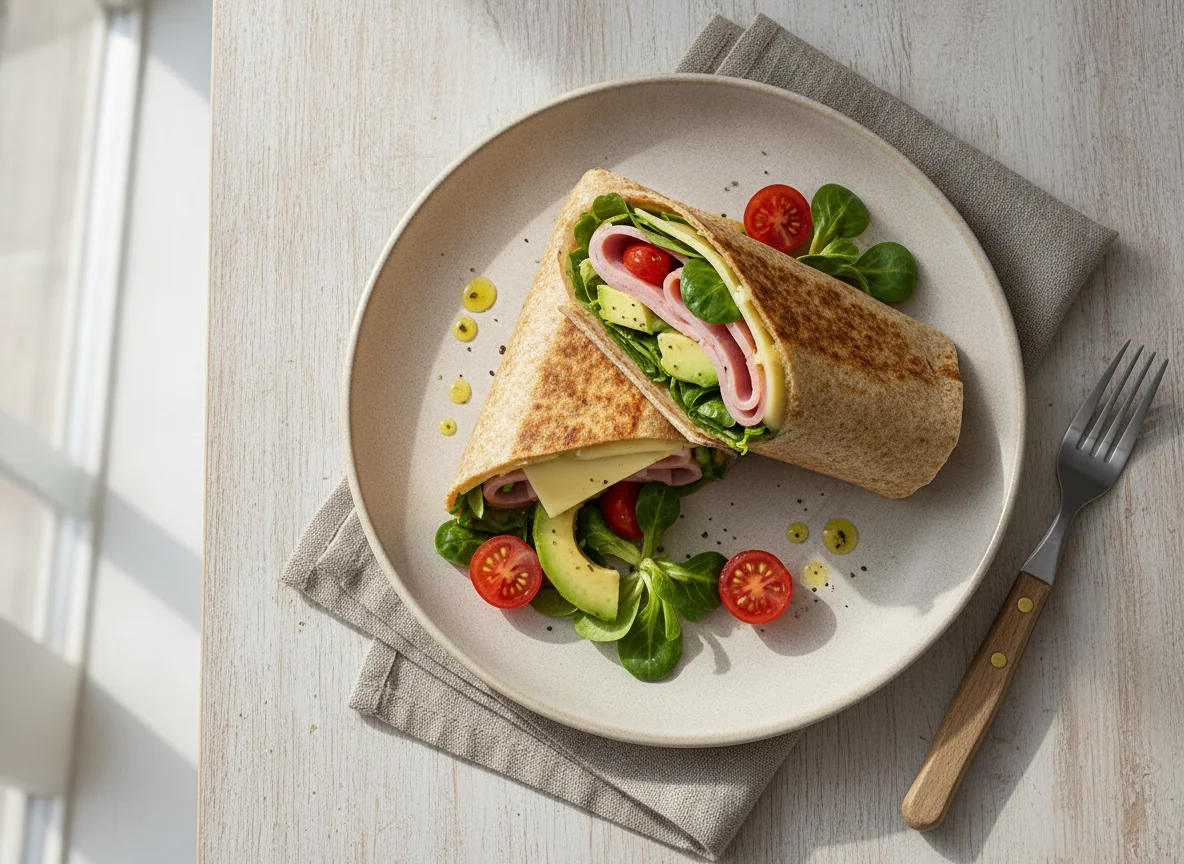 Protein Wrap mit Schinken, Käse, Avocado, Tomate und Blattsalat photo