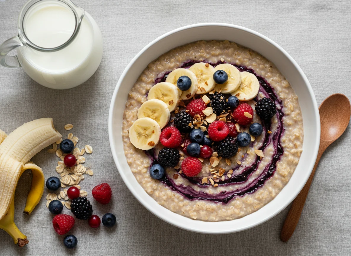 Protein-Haferbrei mit Beeren und Banane photo