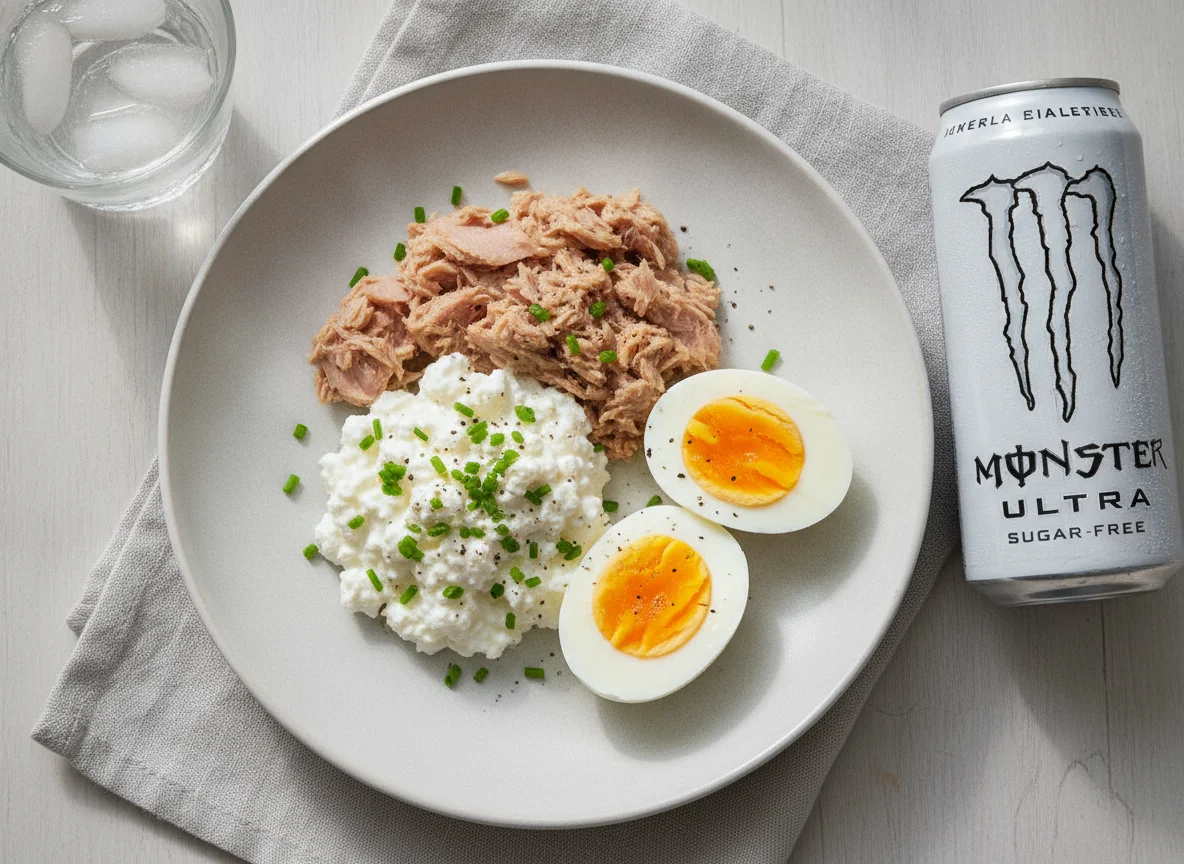 Proteinreiche Zwischenmahlzeit mit Energy Drink photo