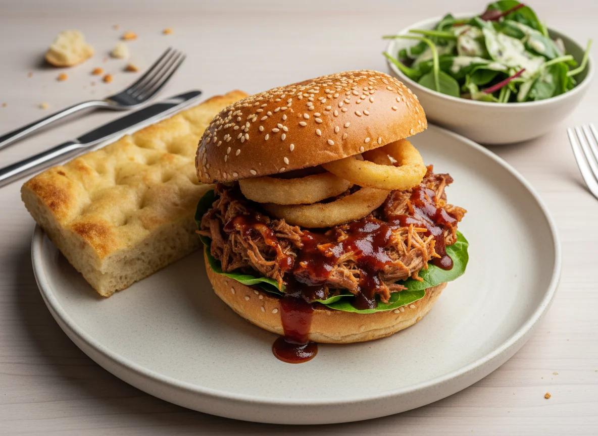 Pulled Pork Burger mit Beilagen photo
