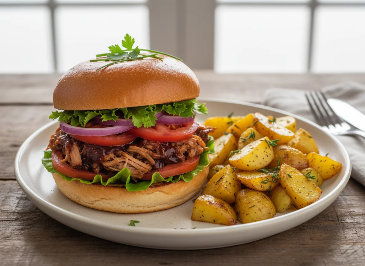 Pulled Pork Burger mit Bratkartoffeln photo