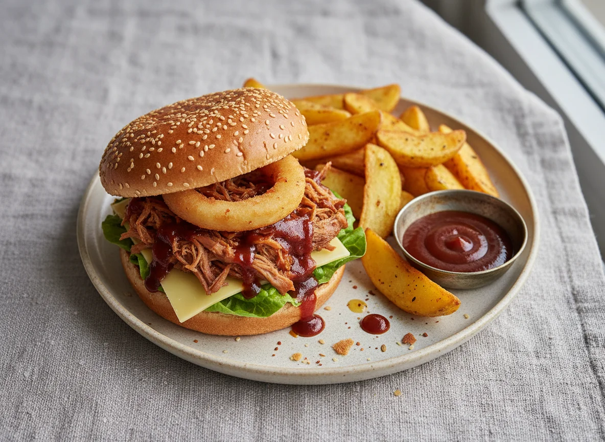 Pulled Pork Burger mit Kartoffelspalten photo