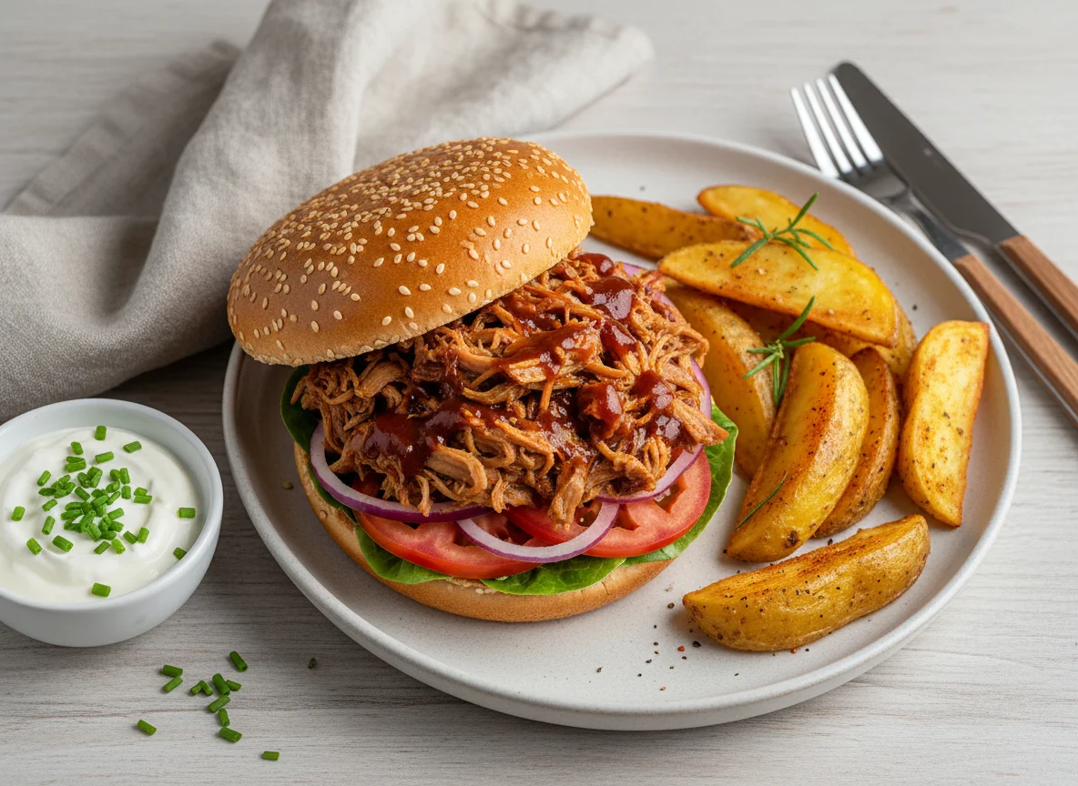 Pulled Pork Burger mit Kartoffelspalten und Dip photo