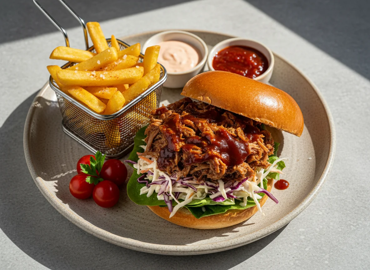 Pulled Pork Burger mit Pommes und Beilagen photo