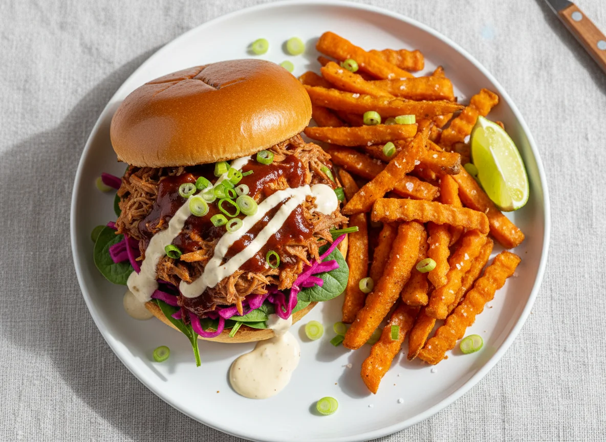 Pulled Pork Burger mit Süßkartoffel-Pommes photo