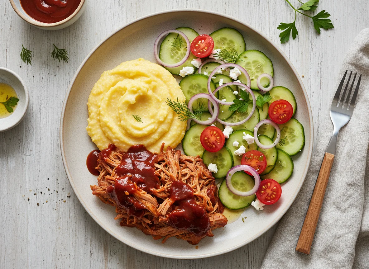 Pulled Pork mit Gurkensalat und Polenta photo