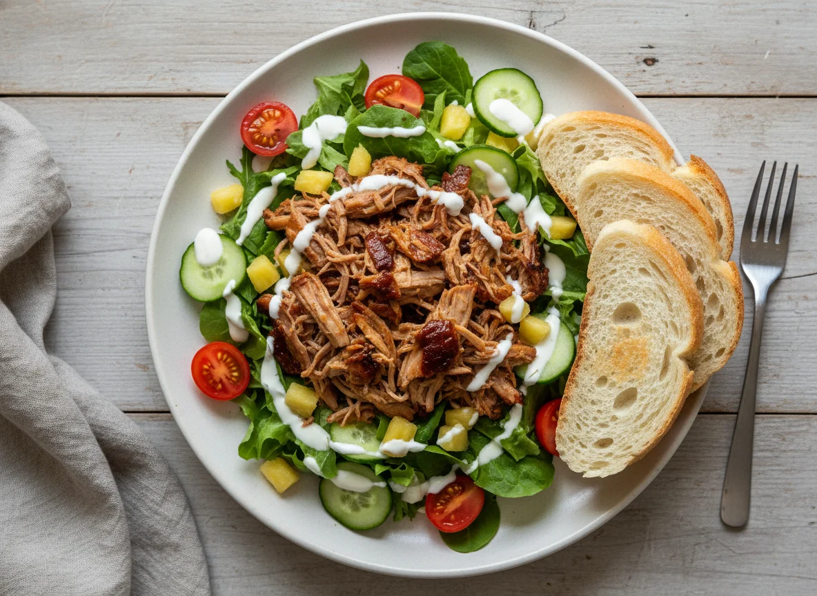 Pulled Pork Salat mit Brot photo