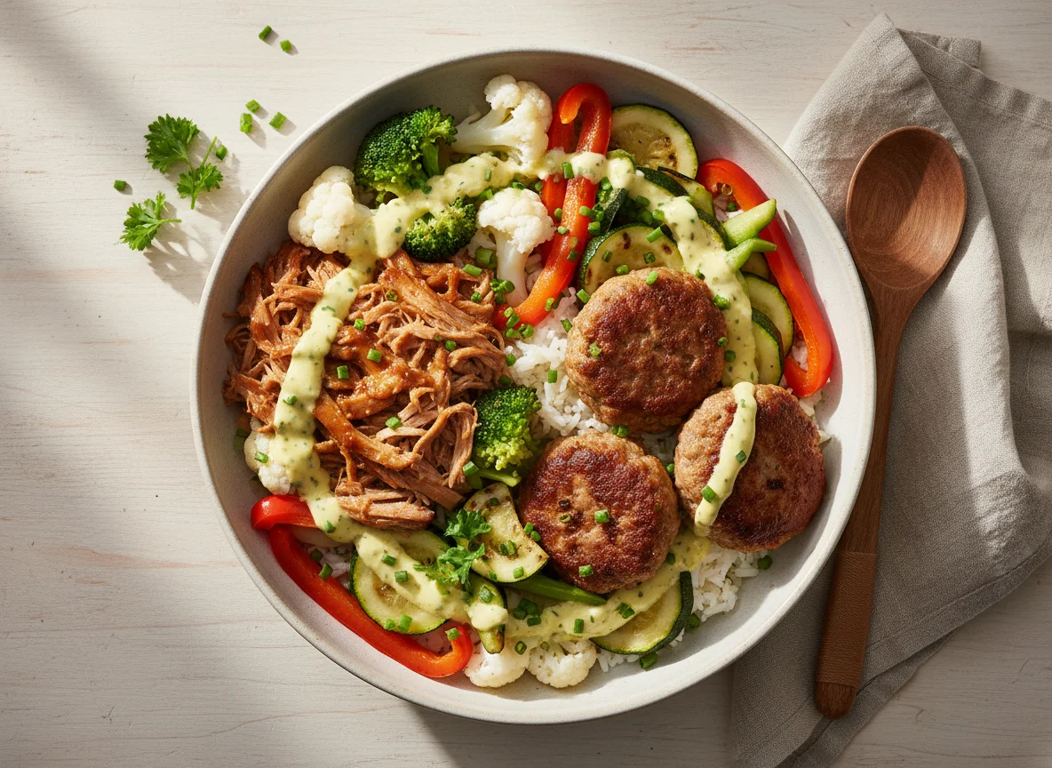 Pulled Pork und Frikadellen Bowl mit Gemüse photo