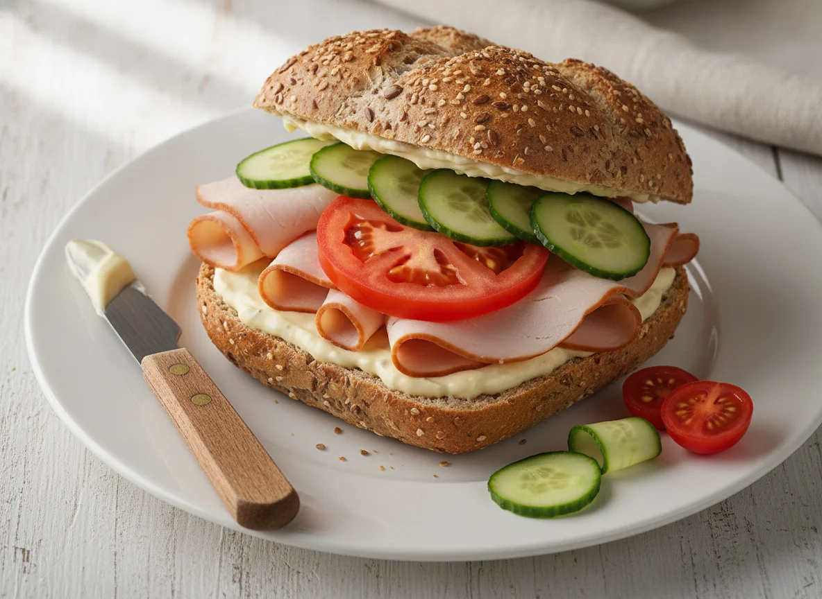 Putenbrötchen mit Tomate und Gurke photo