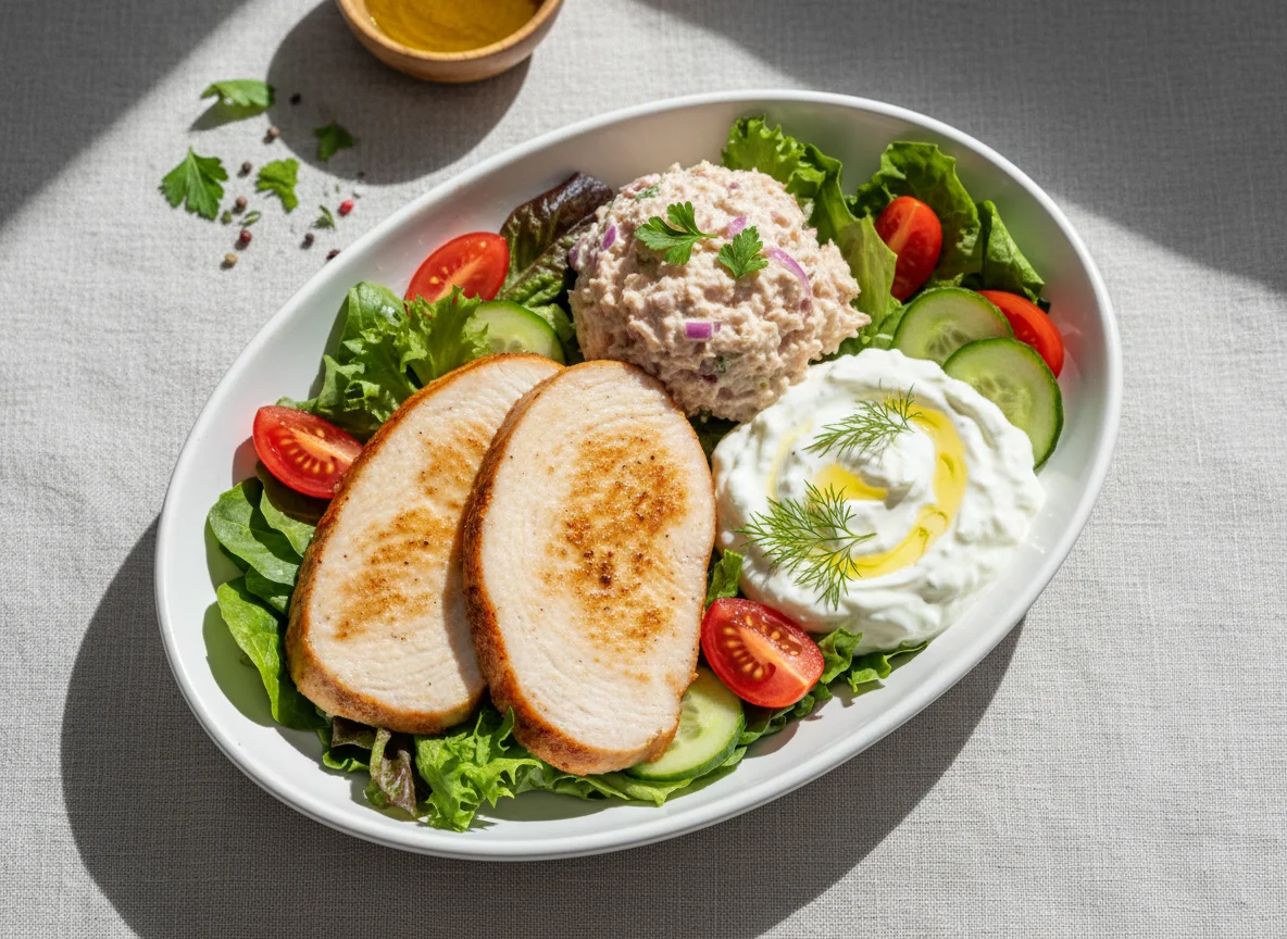 Putenbrust mit Thunfischsalat und Tzatziki photo