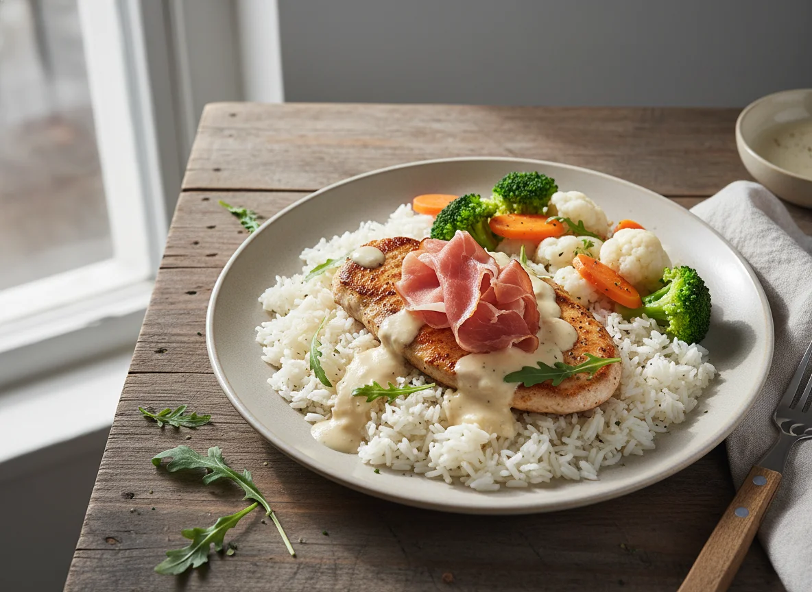 Putenfilet mit Reis, Gemüse und Sauce photo