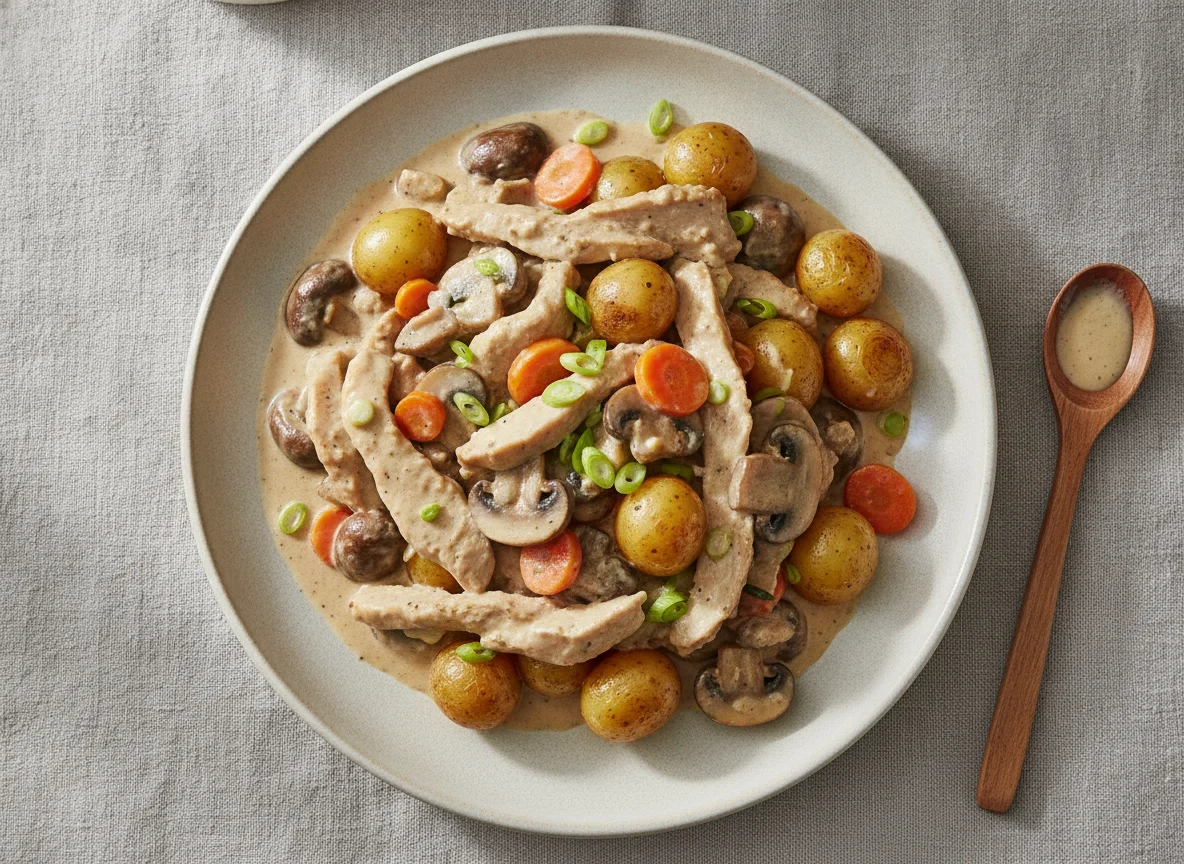 Putengeschnetzeltes mit Pilzen und Kartoffeln in Rahmsauce photo