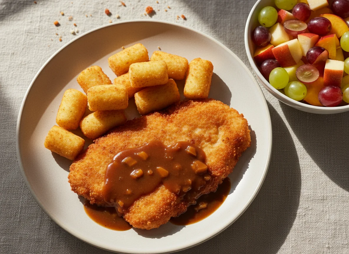 Putenschnitzel mit Kroketten und Fruchtsalat photo