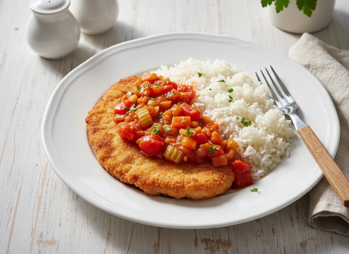 Putenschnitzel mit Reis und Gemüsesauce photo