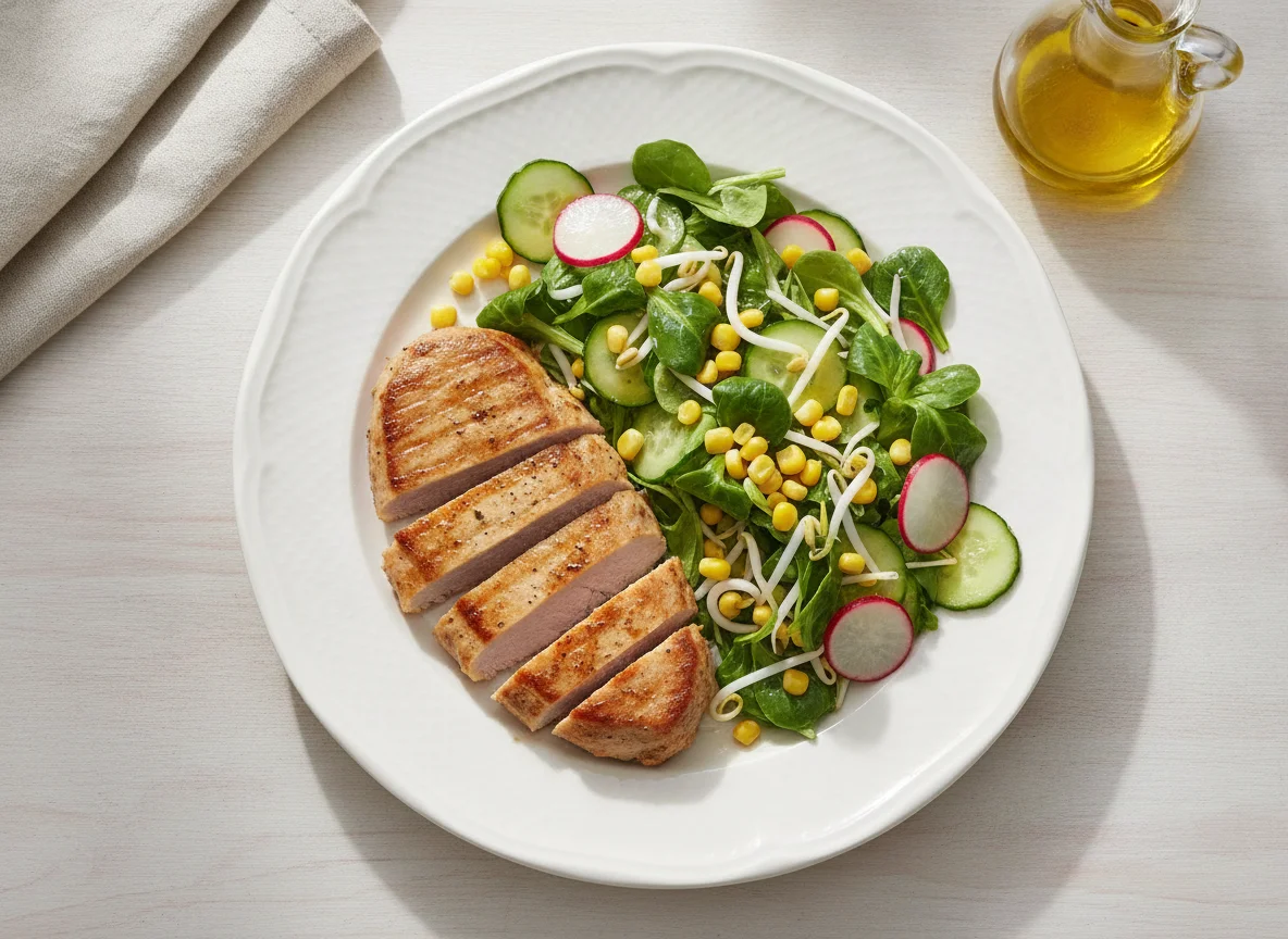 Putensteak mit gemischtem Salat photo