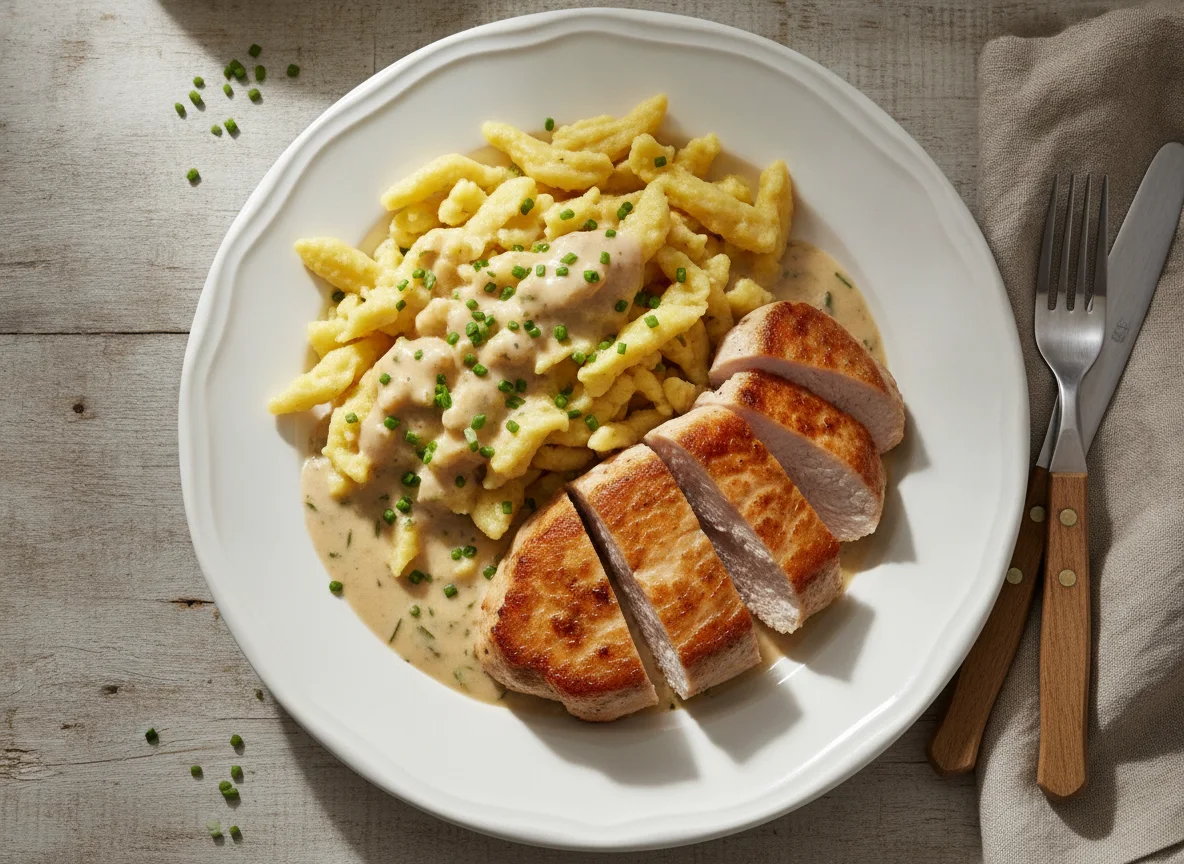 Putensteak mit Spätzle und Rahmsauce photo
