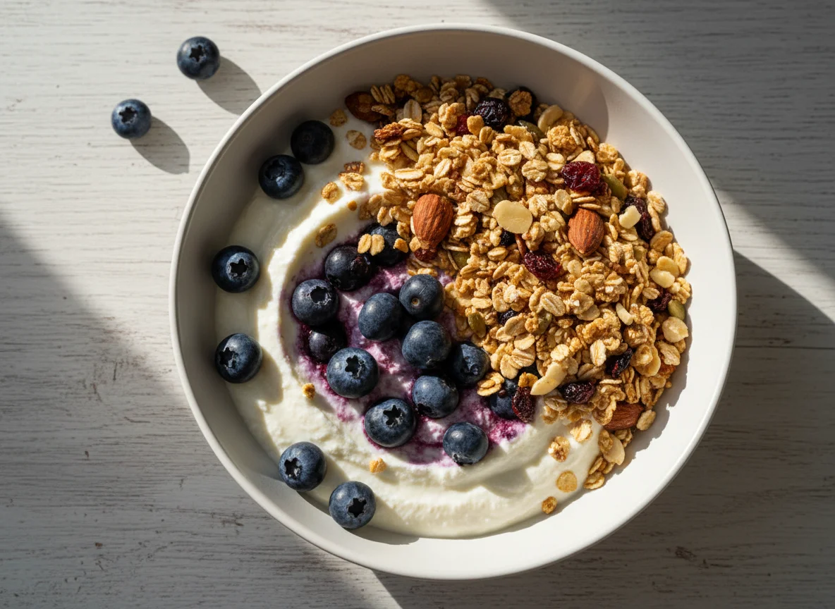 Quark mit Blaubeeren und Müsli photo