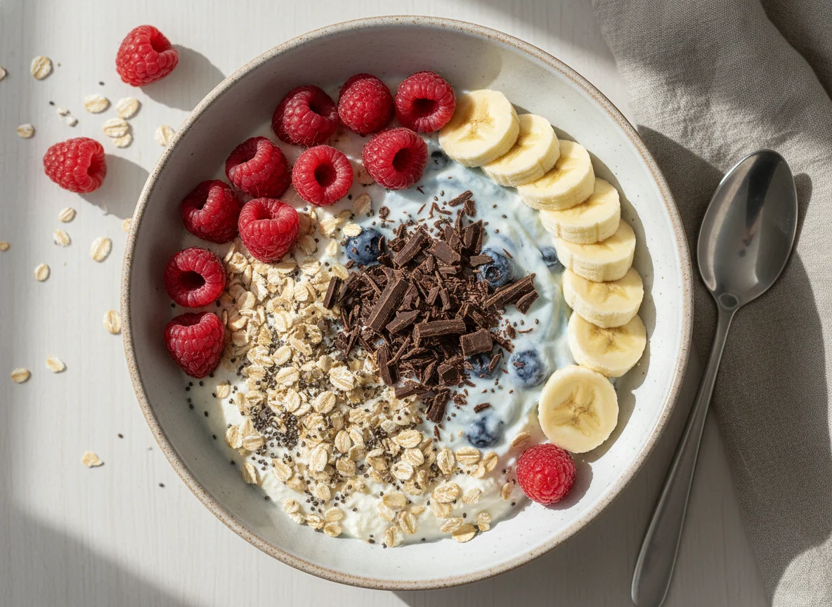 Quark mit Haferflocken, Himbeeren, Banane und Schokolade photo