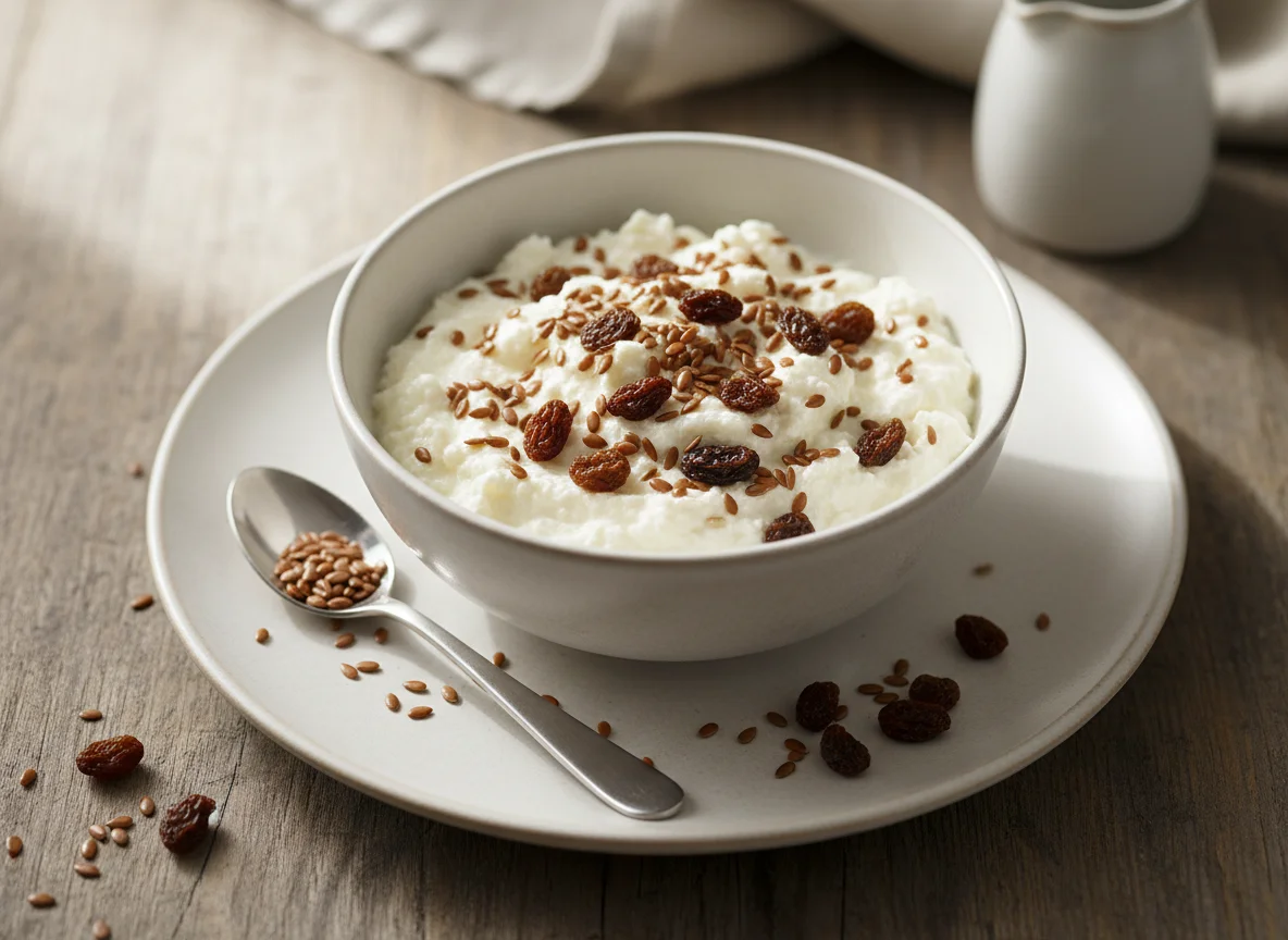 Quark mit Leinsamen und Rosinen photo