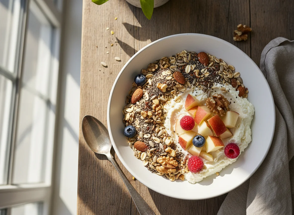 Quark mit Müsli und Obst photo