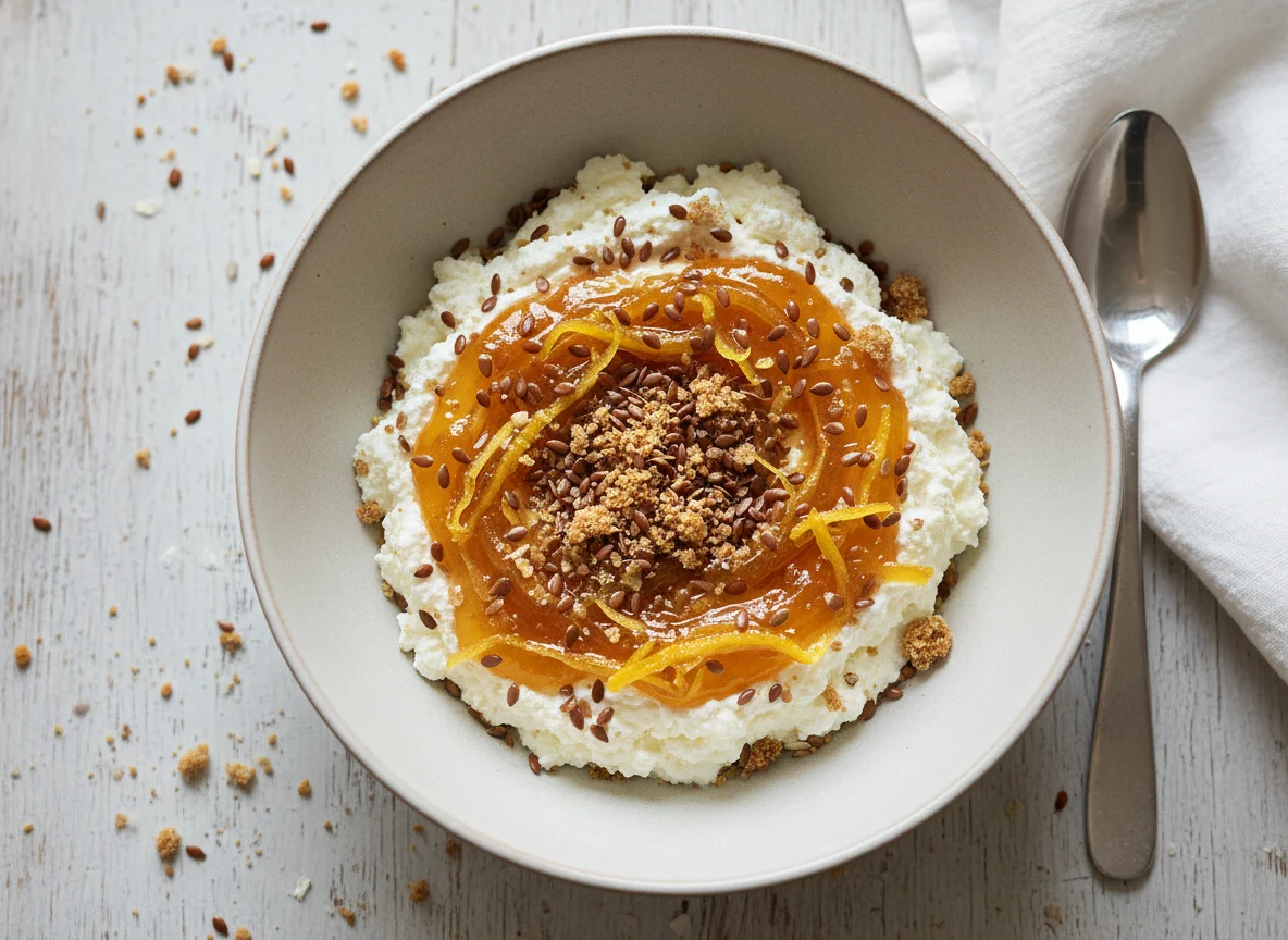 Quark mit Orangenmarmelade und Leinsamen photo