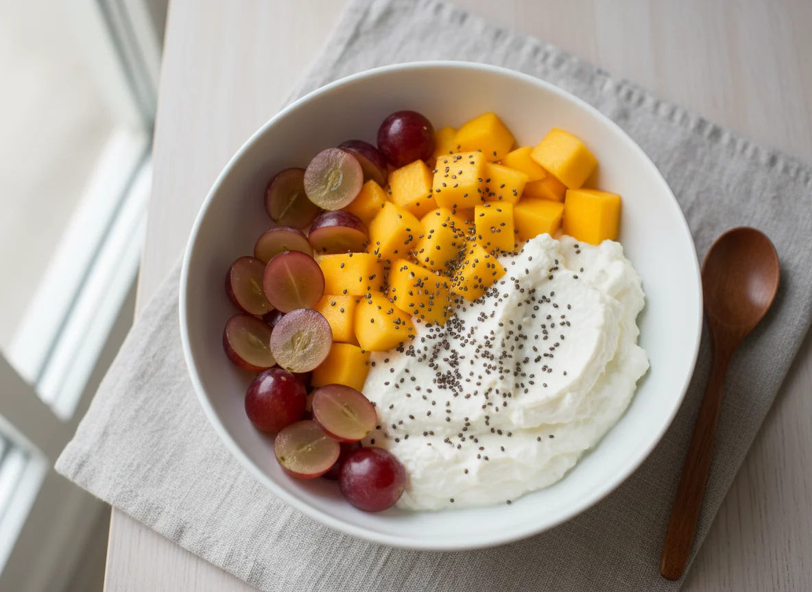 Quark mit Trauben, Mango und Chiasamen photo