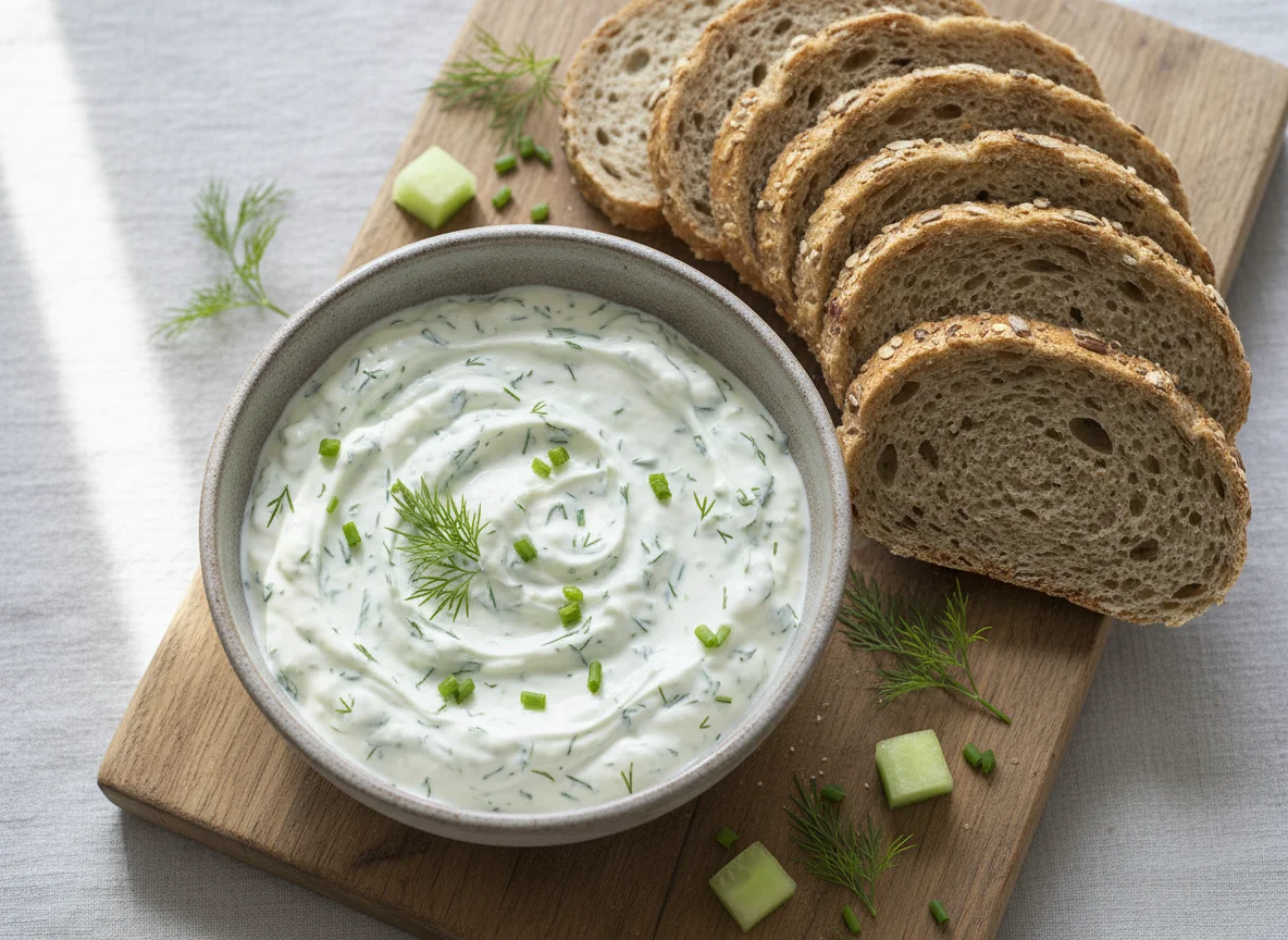 Quark-Gurken-Dip mit Brot photo