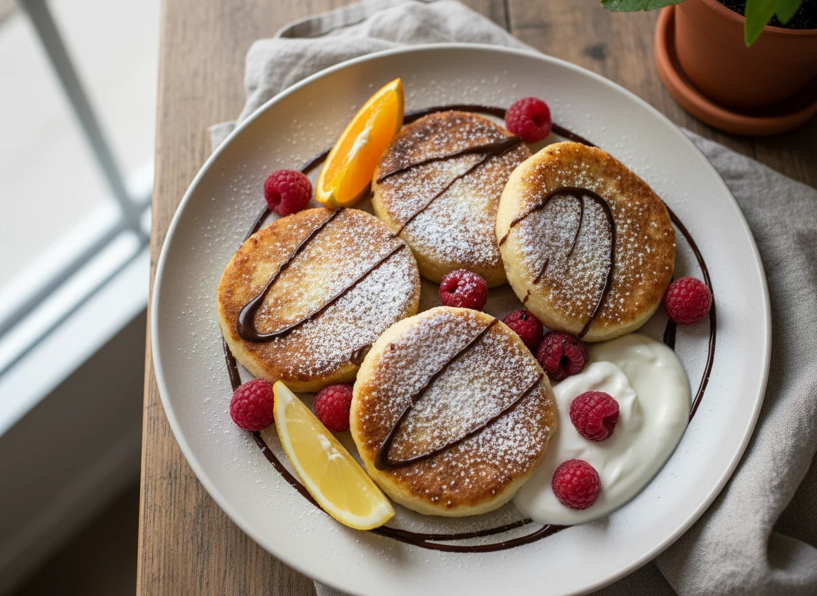 Quarkpfannkuchen mit Früchten und Soßen photo