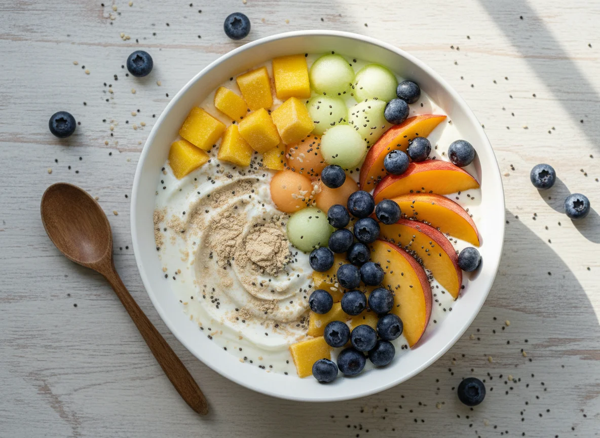 Quark-Skyr-Bowl mit Früchten und Samen photo