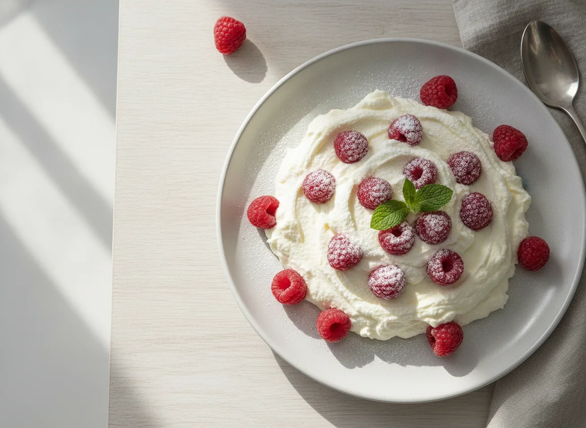 Quarkspeise mit Himbeeren photo