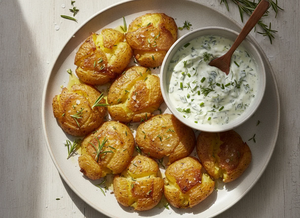 Quetschkartoffeln mit Kräuterdip photo