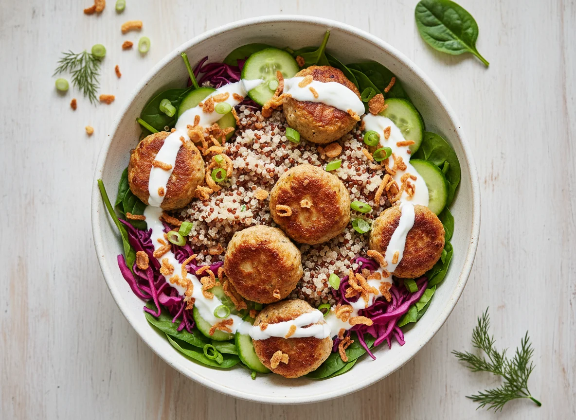 Quinoa Bowl mit Fleischbällchen und Salat photo