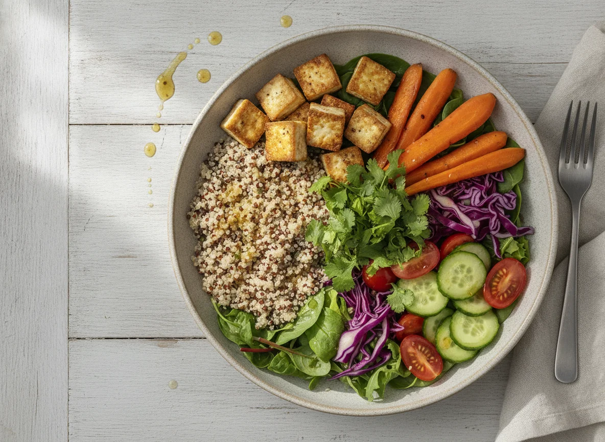 Quinoa Bowl mit Tofu und Gemüse photo