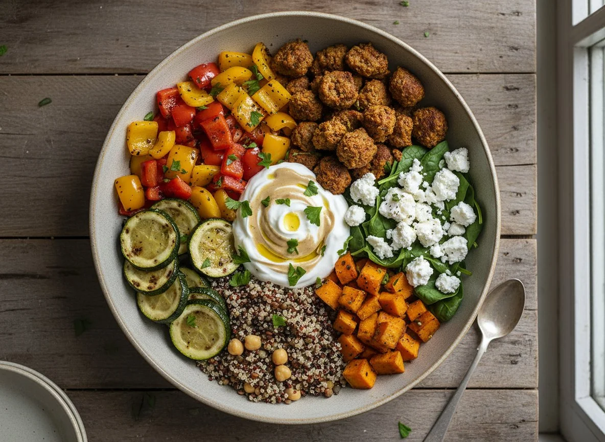Quinoa Bowl mit veganem Kebabfleisch und Hirtenkäse photo