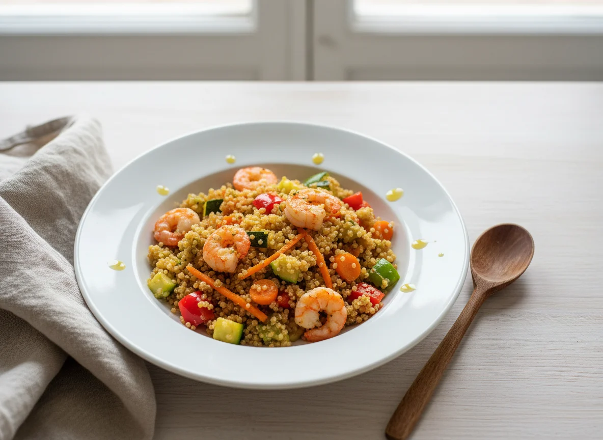 Quinoa mit Garnelen und Gemüse photo