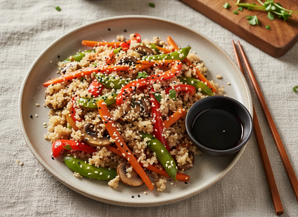 Quinoa mit gebratenem Gemüse und Sesam photo