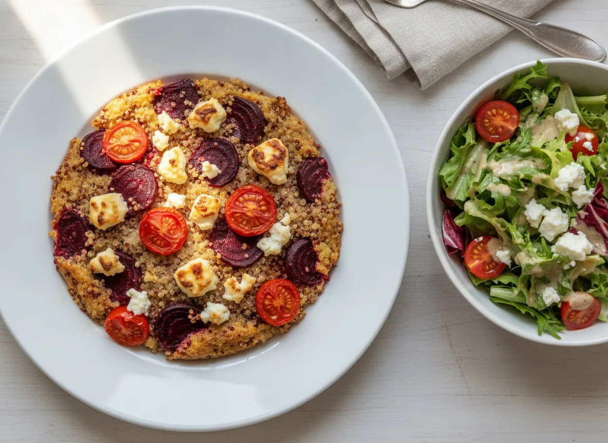 Quinoa-Auflauf mit Rote Bete, Kirschtomaten und Feta mit Beilagensalat photo