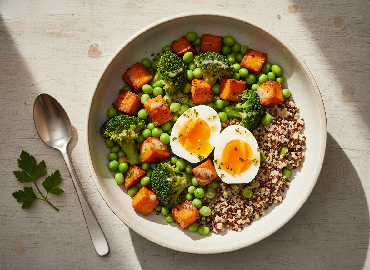 Quinoa-Bowl mit Gemüse und Ei photo